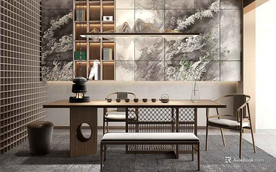 Traditional Chinese Tea Room Interior Design With Landscape Painting Wall And Wooden Tea Table 3d model 