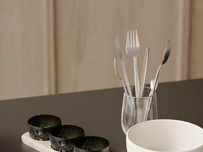 Decorative Ornament Set with Metal Cutlery Glass Container and Ceramic Bowls for Tabletop 3d model