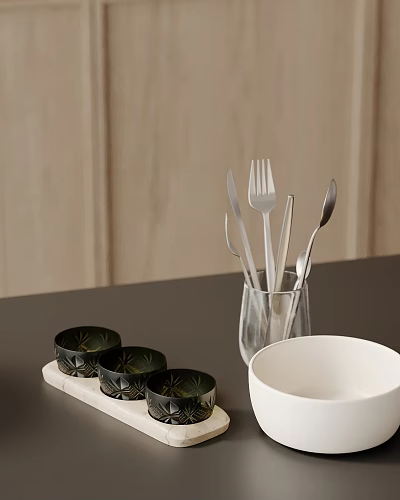 Decorative Ornament Set with Metal Cutlery Glass Container and Ceramic Bowls for Tabletop 3d model
