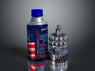 Household Aerosol Spray Can With Blue Cap And Metal Gear Tool Accessory 3d model