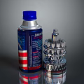 Household Aerosol Spray Can With Blue Cap And Metal Gear Tool Accessory