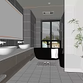 Modern Bathroom Interior With Double Sinks Large Mirror Black Bathtub Wooden Cabinets And Tiled Floor