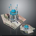 Blue Dome Mosque Architectural Model With White Minarets And Decorative Details