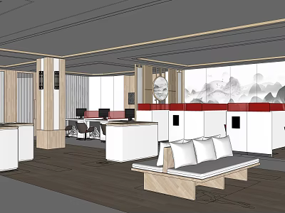 Modern Government Service Hall Interior With Service Counters Rest Seating And Decorative Paintings 3d model
