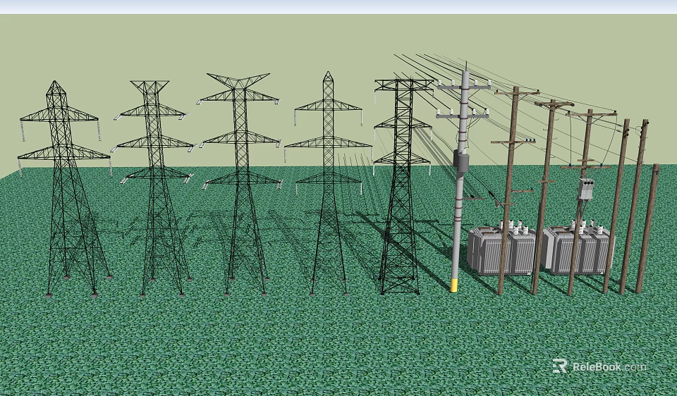 Road Infrastructure With Electrical Transmission Towers And Utility Poles 3d model 