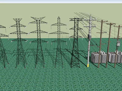 Road Infrastructure With Electrical Transmission Towers And Utility Poles 3d model