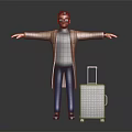 Man Standing With Arms Outstretched In Brown Coat Gray Turtleneck Blue Jeans Sneakers Silver Luggage