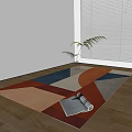 Square Area Rug With Geometric Patterns On Wooden Floor By Potted Plant And Open Magazine