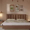 Elegant Bedroom Interior With Brown Leather Headboard Arched Window Chandelier And Decorative Paintings
