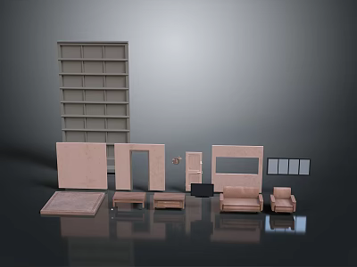 Light Pink And Brown Furniture With Tall Bookshelf Cabinet Sofa Chair Coffee Table And Rug 3d model