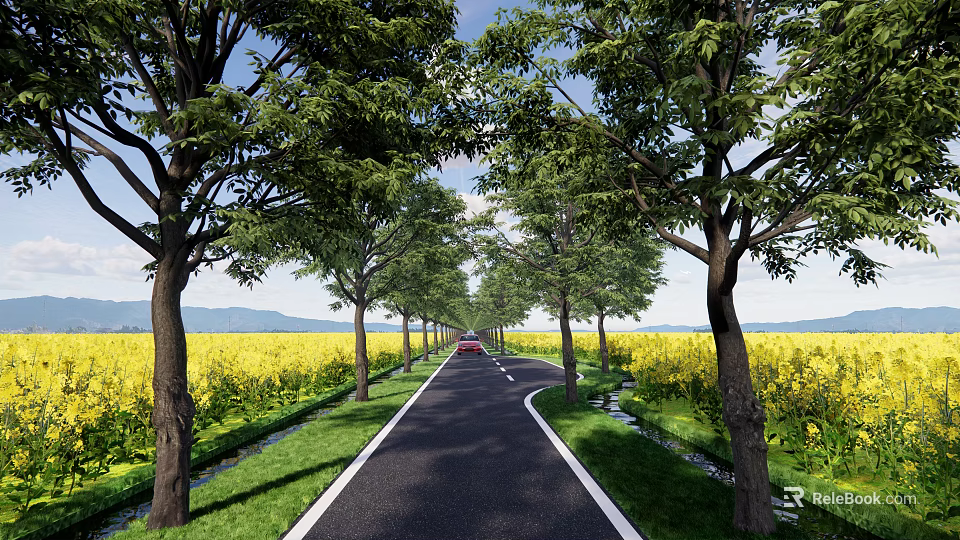 Scenic Road Facilities with Trees on Both Sides Yellow Flower Fields and Distant Mountains 3d model 