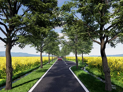 Scenic Road Facilities with Trees on Both Sides Yellow Flower Fields and Distant Mountains 3d model
