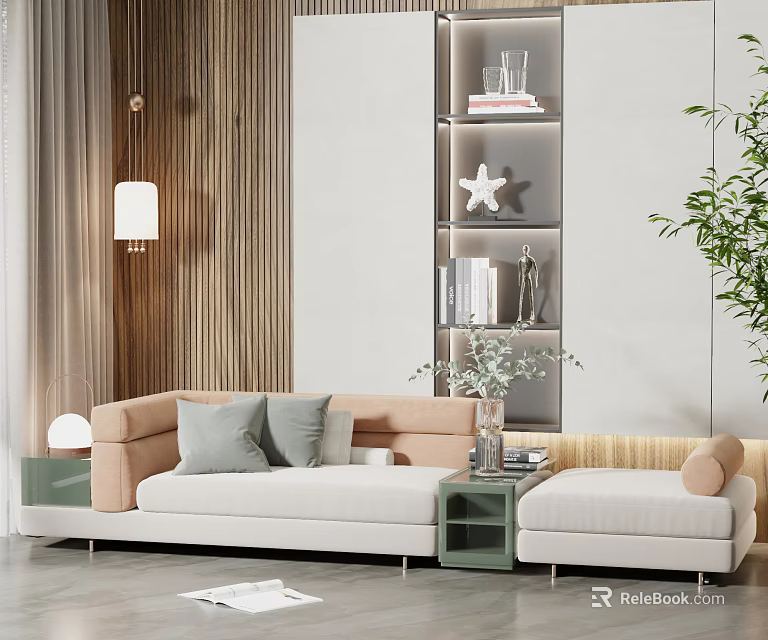 Modern Sectional Sofa Interior With Soft Cushions Side Table And Green Plant 3d model