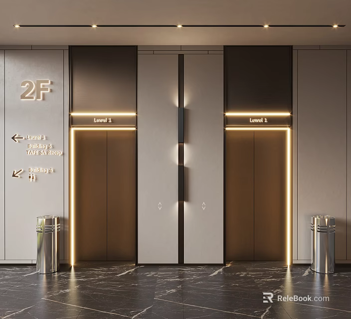 Modern Elevator Lobby With 2F Level 1 Signage Metal Doors Marble Floor And Trash Bins 3d model 