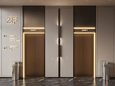 Modern Elevator Lobby With 2F Level 1 Signage Metal Doors Marble Floor And Trash Bins 3d model