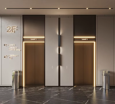 Modern Elevator Lobby With 2F Level 1 Signage Metal Doors Marble Floor And Trash Bins 3d model