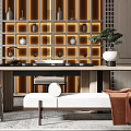 Traditional Tea Room Interior With Wooden Partition Tea Sets And Stool Seating