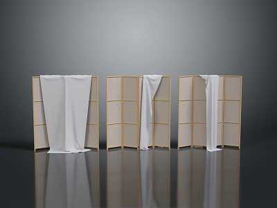 Three Wooden Room Dividers With White Fabric Curtains On Gray Reflective Floor 3d model