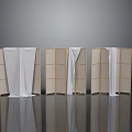 Three Wooden Room Dividers With White Fabric Curtains On Gray Reflective Floor