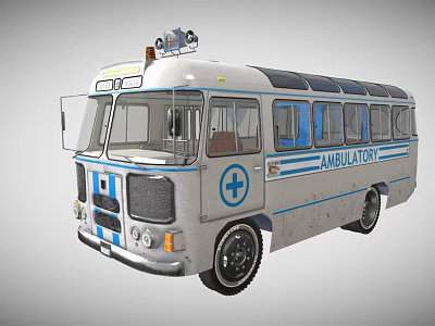 Retro Ambulatory Bus Featuring Medical Cross Symbol And Blue White Exterior Design 3d model