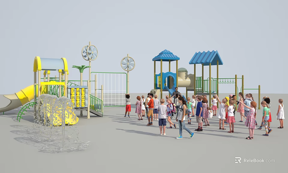 Outdoor Children's Playground Equipment With Blue Yellow Slides Windmill And Kids Playing 3d model 