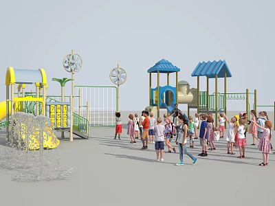 Outdoor Children's Playground Equipment With Blue Yellow Slides Windmill And Kids Playing 3d model