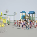 Outdoor Children's Playground Equipment With Blue Yellow Slides Windmill And Kids Playing