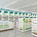 Bright Pharmacy Store Interior With Well Arranged Shelves And Various Medicines