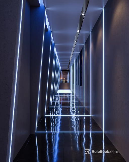 Modern Hotel Corridor With Blue Neon Strip Lights And Reflective Floor 3d model 