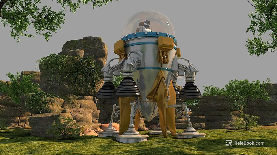Futuristic Capsule With Transparent Dome Yellow Coverings And Mechanical Legs In Rocky Greenery 3d model 