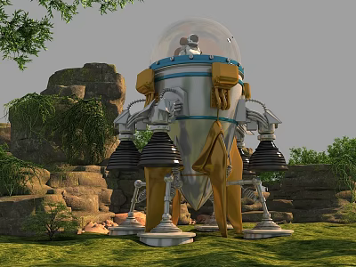 Futuristic Capsule With Transparent Dome Yellow Coverings And Mechanical Legs In Rocky Greenery 3d model