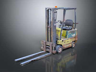 Worn Yellow And Green Industrial Forklift With Metal Forks And Cab 3d model