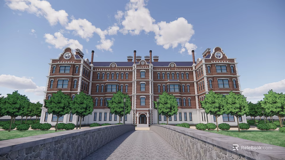 Classic Red Brick Detached Villa With Tower Clock Windows And Stone Path 3d model 