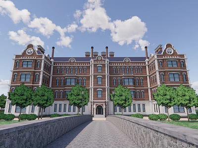 Classic Red Brick Detached Villa With Tower Clock Windows And Stone Path 3d model