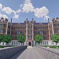 Classic Red Brick Detached Villa With Tower Clock Windows And Stone Path
