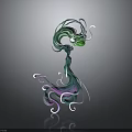Abstract Green Purple Blue Creature With Twisted Flowing Lines And Dark Gradient Background Reflection