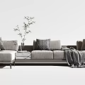 Modern Light Colored Sectional Sofa With Throw Pillows Blankets Side Table And Green Plant 3d model