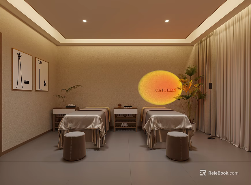Modern SPA Sauna Room With Massage Beds Decorative Paintings And Soft Lighting 3d model 