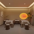 Modern SPA Sauna Room With Massage Beds Decorative Paintings And Soft Lighting