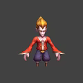 Game and Movie Character with Spiky Blonde Hair Purple Eyes Red Shirt and Purple Pants