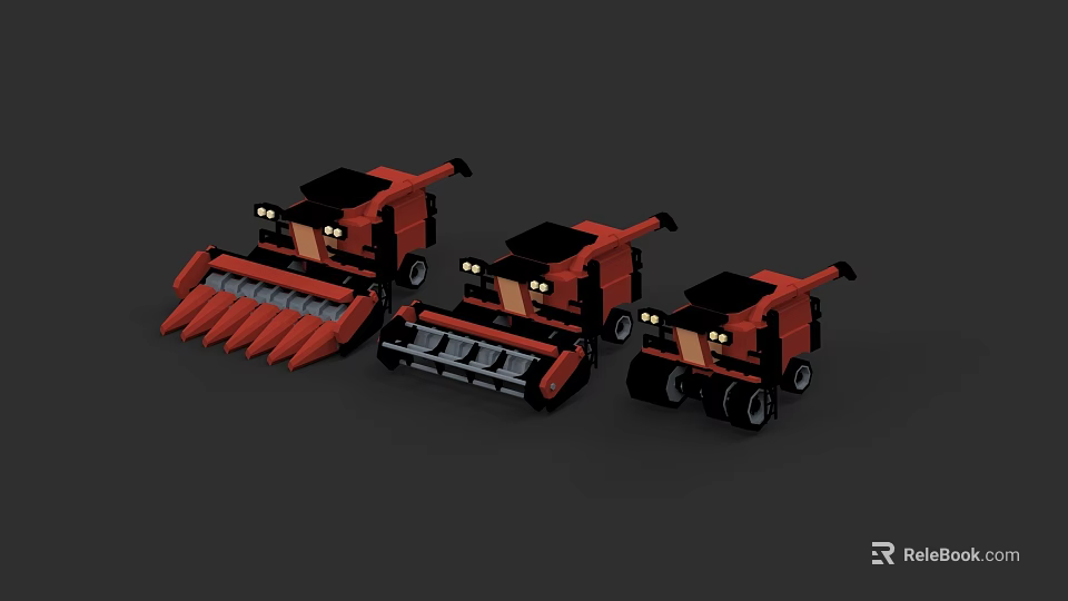 Three Red Agricultural Utility Vehicles with Various Harvesting Front Attachments for Agricultural Use 3d model 