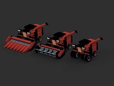 Three Red Agricultural Utility Vehicles with Various Harvesting Front Attachments for Agricultural Use 3d model