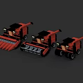 Three Red Agricultural Utility Vehicles with Various Harvesting Front Attachments for Agricultural Use