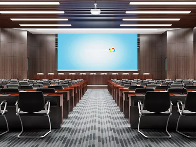 Modern Conference Room With Wooden Walls Large Screen Gray Carpet And Arranged Tables 3d model