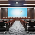 Modern Conference Room With Wooden Walls Large Screen Gray Carpet And Arranged Tables