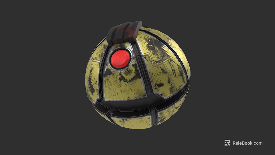 Spherical Weapon With Yellow Black Textured Surface And Red Button Top Handle 3d model 