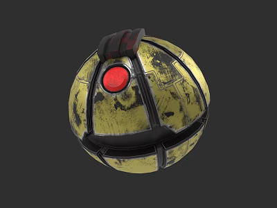 Spherical Weapon With Yellow Black Textured Surface And Red Button Top Handle 3d model