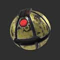 Spherical Weapon With Yellow Black Textured Surface And Red Button Top Handle
