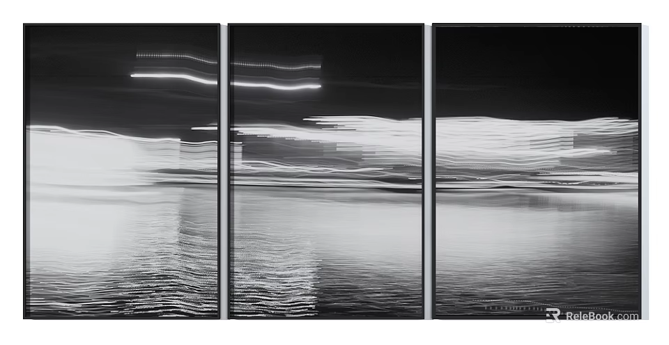 Abstract Triptych Wall Art With Black And White Light Streaks And Water Reflection 3d model 