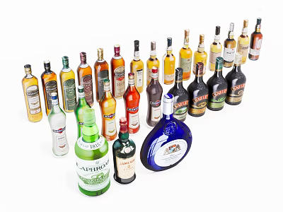 Assorted Wine Bottles And Glasses Display With Various Colors And Shapes 3d model